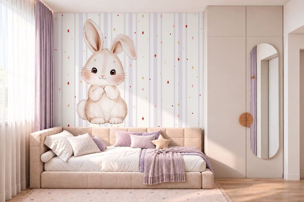Fototapety Uroczy króliczek na tle liliowych pasków i jasnych gwiazdek, Fototapety Zwierzęta, w05920v1 : Uwalls.pl