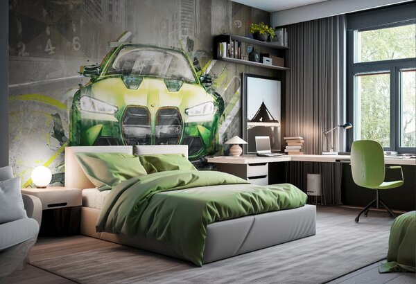 Tapeta dla dzieci Malumi FAST CAR - green - tapeta z samochodem do pokoju nastolatka