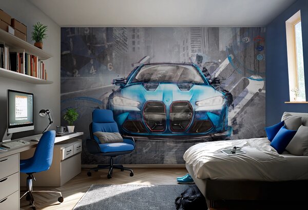 Tapeta dla dzieci Malumi FAST CAR - blue- tapeta z motywem auta do pokoju chłopca