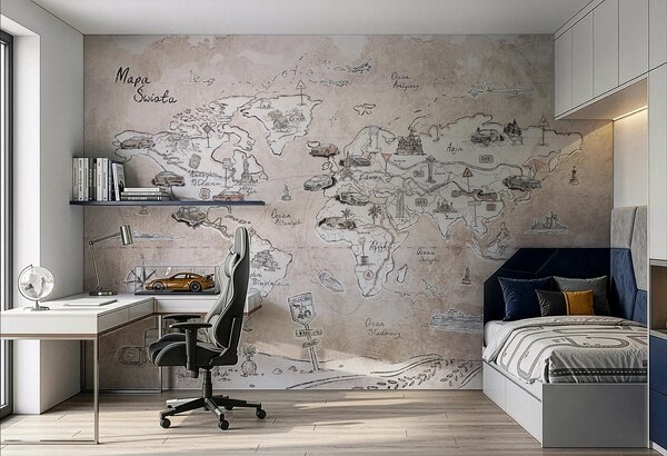 Tapeta TRIP MAP Beige – Mapa Świata do Pokoju Nastolatka