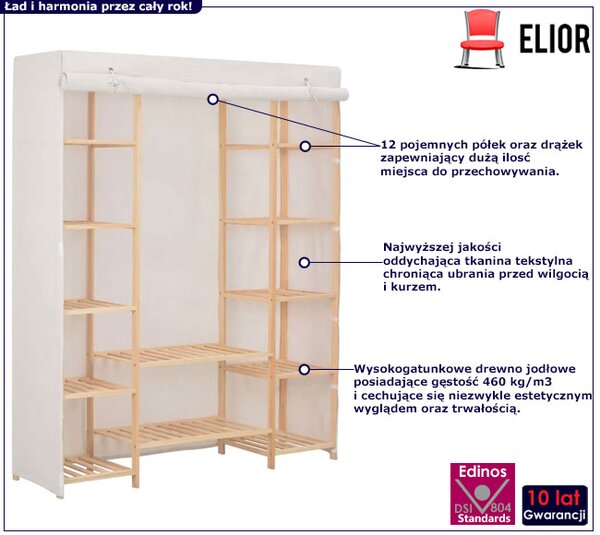 Materiałowa biała szafa z drewnianym stelażem W9-M26