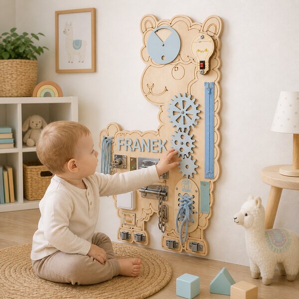 Tablica manipulacyjna Lama Personalizowana – dla chłopca 70 cm– sensoryczna tablica edukacyjna dla dzieci