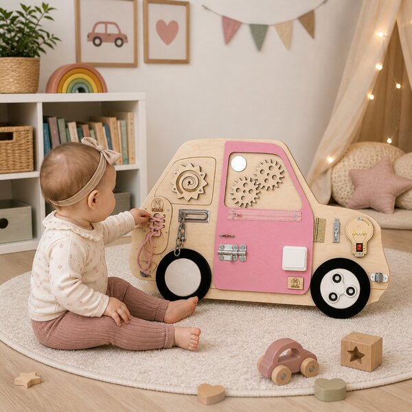 Tablica manipulacyjna Auto Różowe – sensoryczna tablica edukacyjna dla dzieci