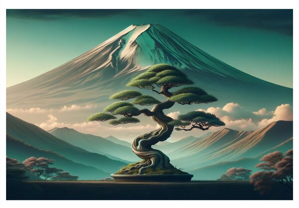Obraz bonsai i góra w japońskim stylu