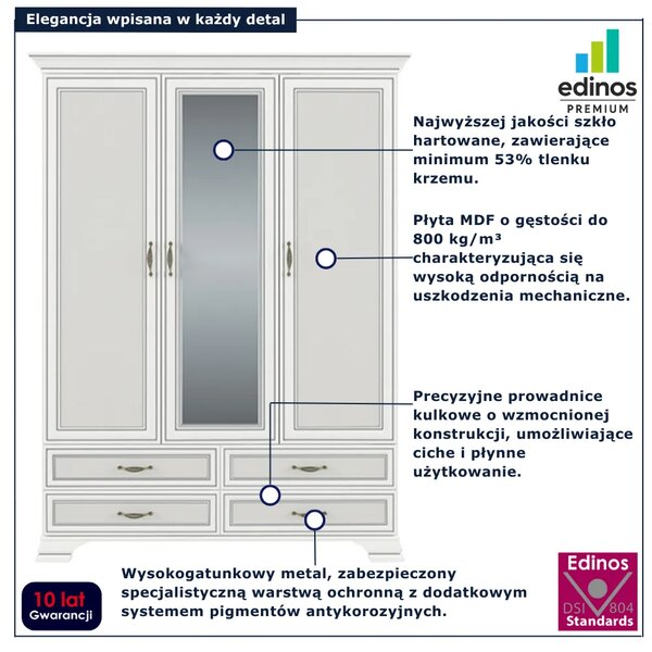 Trzydrzwiowa szafa z lustrem i szufladami fineline crema K6-K19