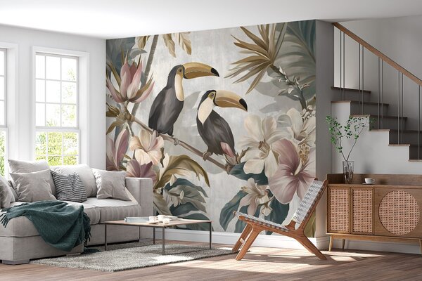 Fototapety para tukanów pośród tropikalnych kwiatów i liści, Fototapety Natura, w05657 : Uwalls.pl