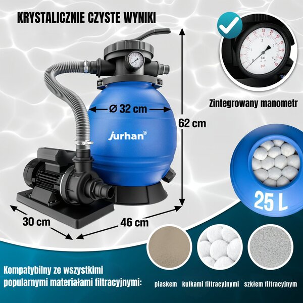 Filtr piaskowy do basenu AQUA, 10 200 l/h, niebieska Jurhan
