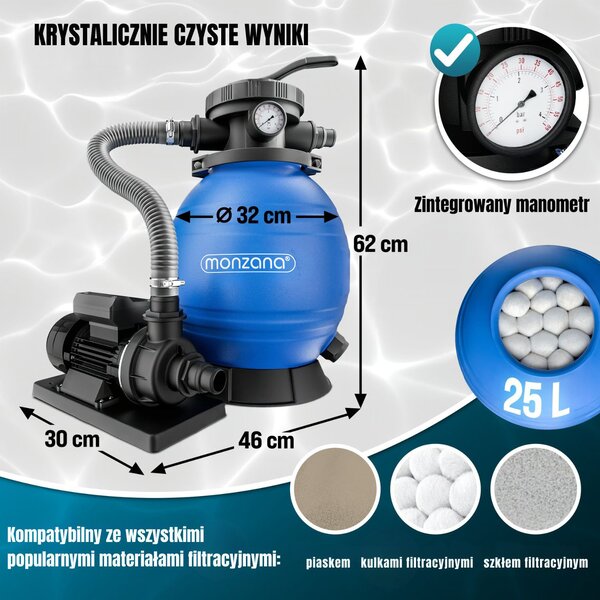 Filtr piaskowy do basenu AQUA z kulami filtrującymi, 10 200 l/h, niebieska Monzana