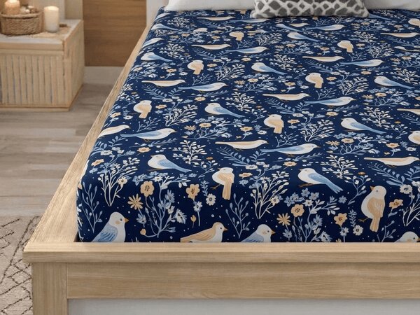 Prześcieradło z mikrofibry DENIM PTACY niebieskie 90x200 cm