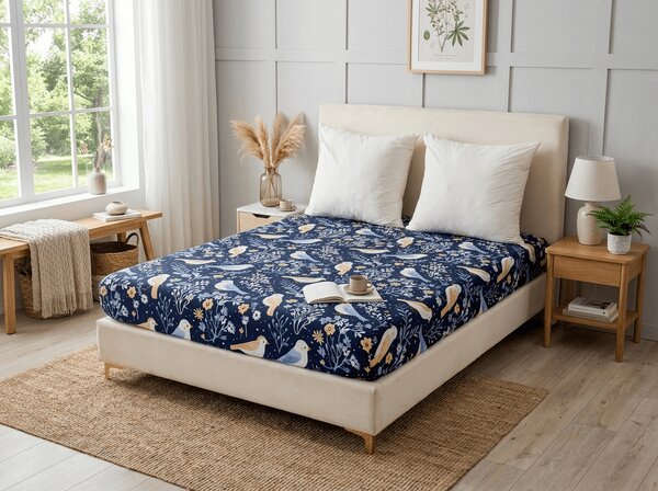 Prześcieradło z mikrofibry DENIM PTACY niebieskie 90x200 cm