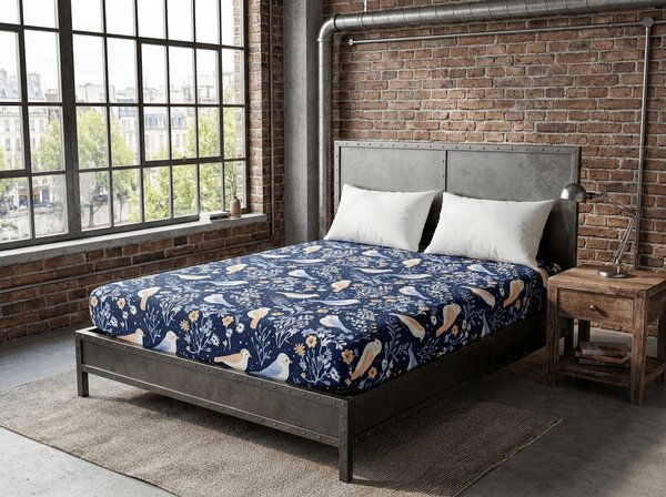 Prześcieradło z mikrofibry DENIM PTACY niebieskie 90x200 cm