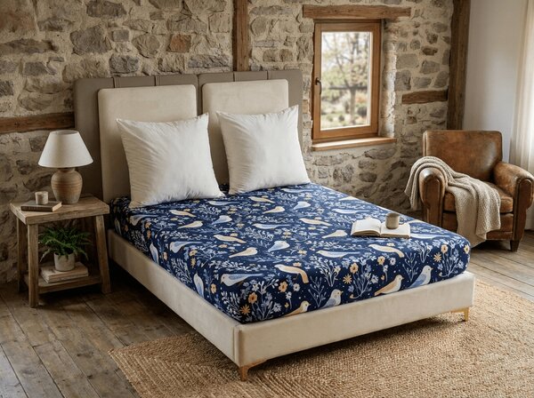 Prześcieradło z mikrofibry DENIM PTACY niebieskie 90x200 cm