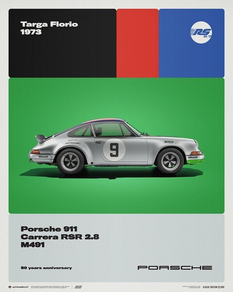 Reprodukcja Porsche 911 Carrera Rs 2 8 - 50th Anniversary - Targa Florio - 1973, (40 x 50 cm)