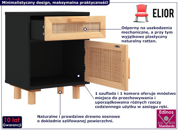 Czarna szafka nocna z naturalnym rattanem L6-S58