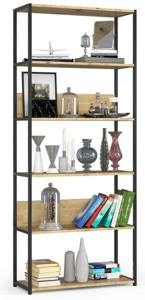 Regał loftowy metalowy 80 cm - czarny-dąb artisan - 6 półek