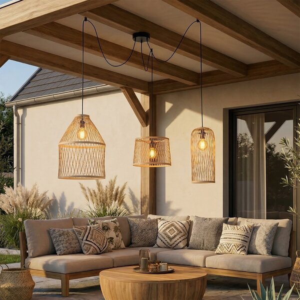 Rustykalna lampa wisząca zewnętrzna z rattanu 3-światłowa - Calamus