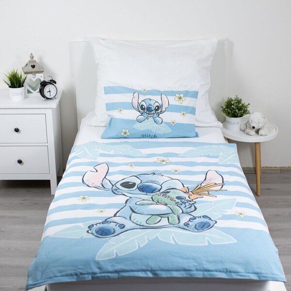 Jasnoniebieska bawełniana pościel dziecięca do łóżeczka 100x135 cm Lilo & Stitch "Tropical Hugs" – Jerry Fabrics