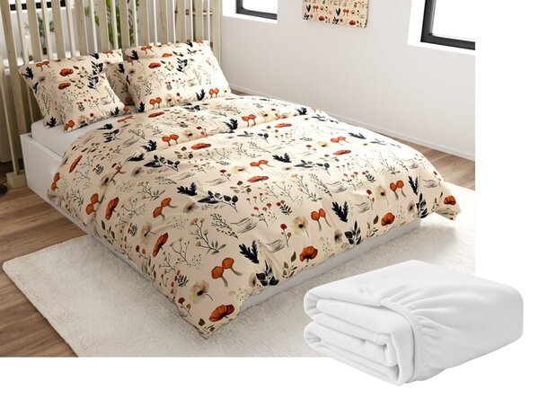 Zestaw pościeli z mikropluszu PAPAVA kremowy + prześcieradło z mikropluszu SOFT 180x200 cm biały, łóżko podwójne