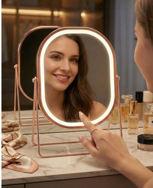 Lusterko Do Makijażu PREMIUM Kosmetyczne POŁYSK Metalowe PODŚWIETLANE LED