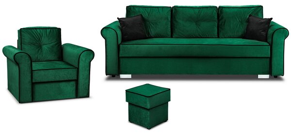 Zestaw wypoczynkowy do salonu Merida Sofa + Fotel z Podnóżkiem Ciemny Zielony