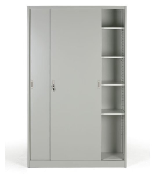 Metalowa szafa z przesuwnymi drzwiami, 4 półki, 1200 x 1990 x 450 mm, jasnoszary