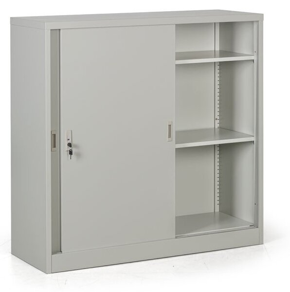 Metalowa szafa z przesuwnymi drzwiami, 2 półki, 1200 x 1200 x 450 mm, jasnoszary