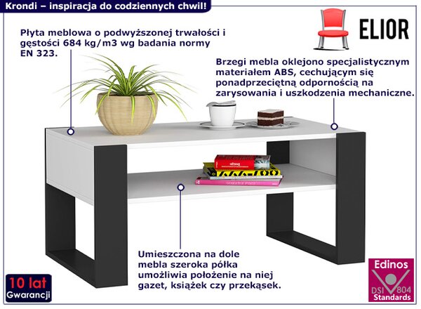 Prostokątny stolik kawowy z półką biały+czarny F4-A76
