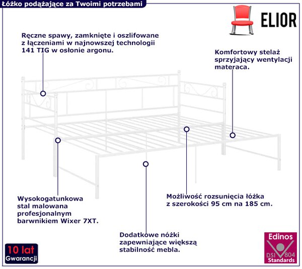 Białe metalowe łóżko rozkładane 90x200 cm D4-D76