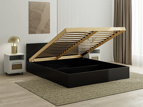 Czarne Łóżko Z Pojemnikiem I Materacem 160X200 W1-W59