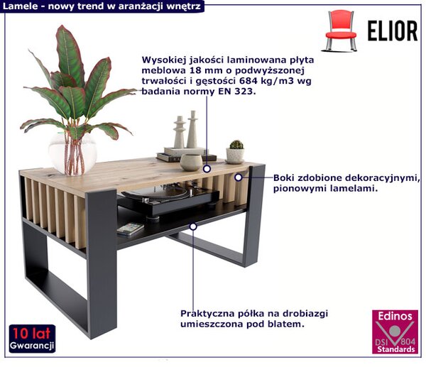 Stolik Kawowy Nowoczesny Czarny Z Lamelami + Dąb 200 X 170 Cm H8-P69