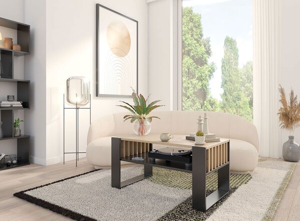 Stolik Kawowy Nowoczesny Czarny Z Lamelami + Dąb 200 X 170 Cm H8-P69