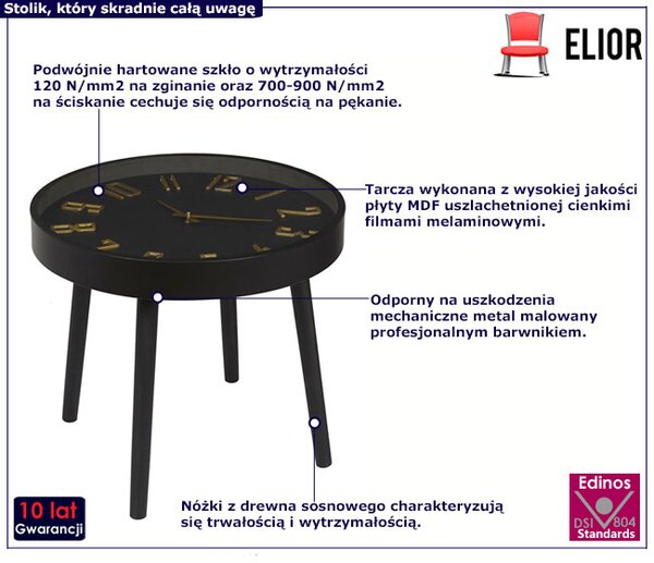 Czarny okrągły stolik kawowy z zegarem K6-T49