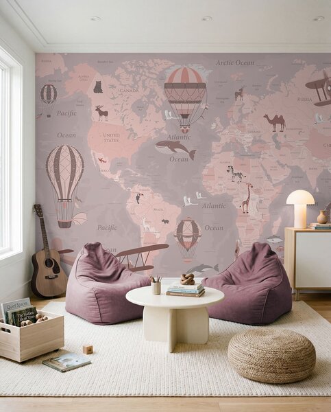 Fototapety Mapa świata dla dzieci ze zwierzętami w kolorze różowym, Fototapety Dziecięce, u36066v6 : Uwalls.pl