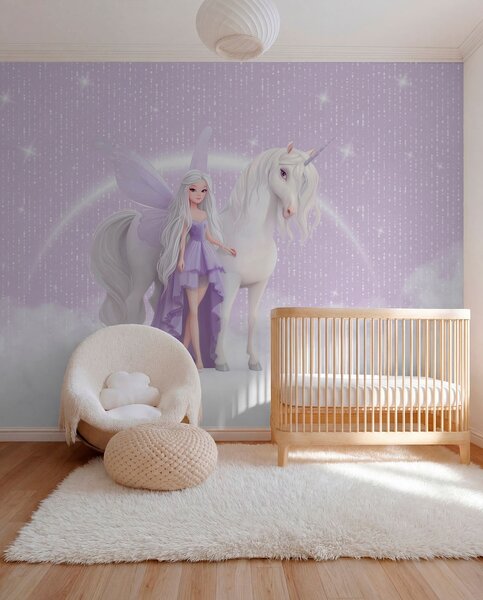 Fototapety Wróżka z jednorożcem wśród chmur, Fototapety Dziecięce, Fototapety Dla dziewczynek, w03527 : Uwalls.pl
