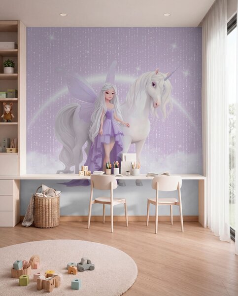 Fototapety Wróżka z jednorożcem wśród chmur, Fototapety Dziecięce, Fototapety Dla dziewczynek, w03527 : Uwalls.pl