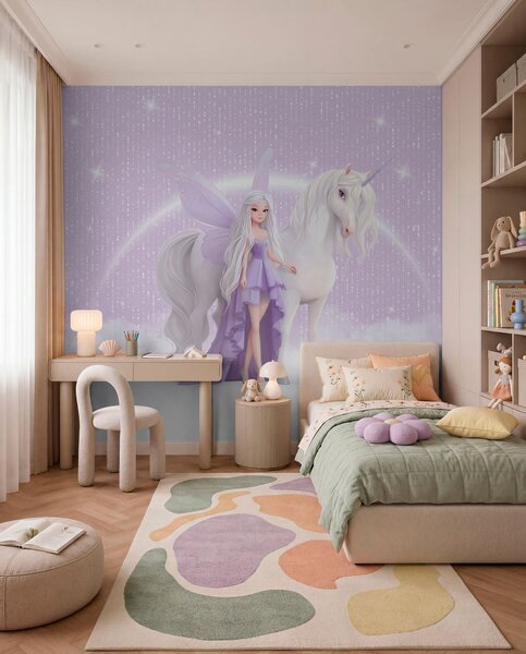 Fototapety Wróżka z jednorożcem wśród chmur, Fototapety Dziecięce, Fototapety Dla dziewczynek, w03527 : Uwalls.pl