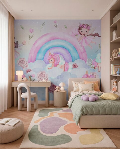 Fototapety Wróżki i jednorożce wśród chmur i tęczy, Fototapety Dziecięce, Fototapeta tęcza dla dzieci, w04371 : Uwalls.pl