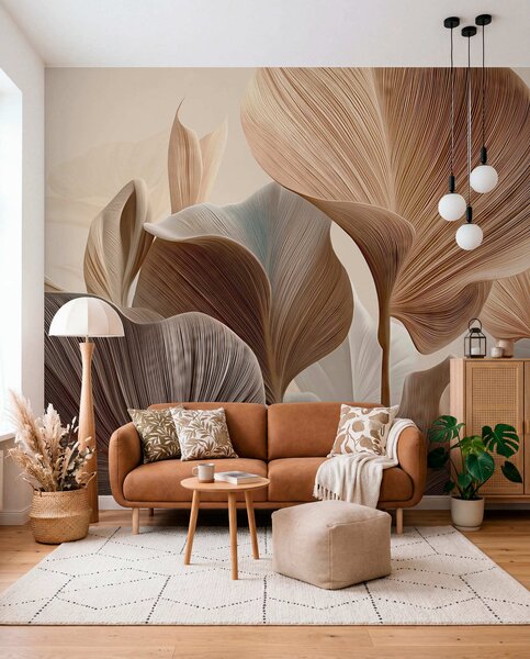 Fototapety Eleganckie beżowe liście o delikatnej liniowej fakturze, Fototapety Natura, Fototapety Liście, w04549 : Uwalls.pl