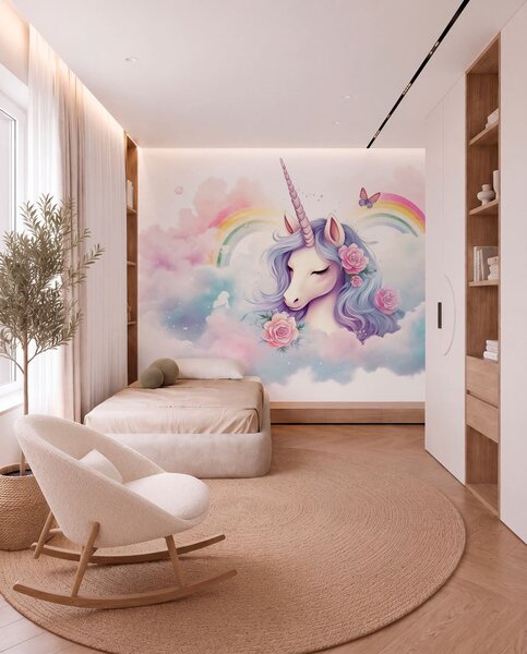 Fototapety Pastelowy jednorożec w chmurach z tęczą i różami, Fototapety Dziecięce, Fototapety Jednorożec, w03990 : Uwalls.pl