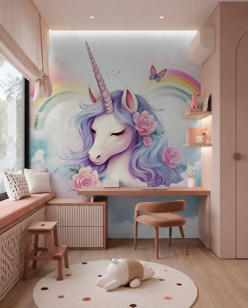 Fototapety Pastelowy jednorożec w chmurach z tęczą i różami, Fototapety Dziecięce, Fototapety Jednorożec, w03990 : Uwalls.pl