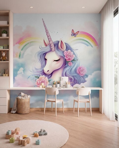 Fototapety Pastelowy jednorożec w chmurach z tęczą i różami, Fototapety Dziecięce, Fototapety Jednorożec, w03990 : Uwalls.pl