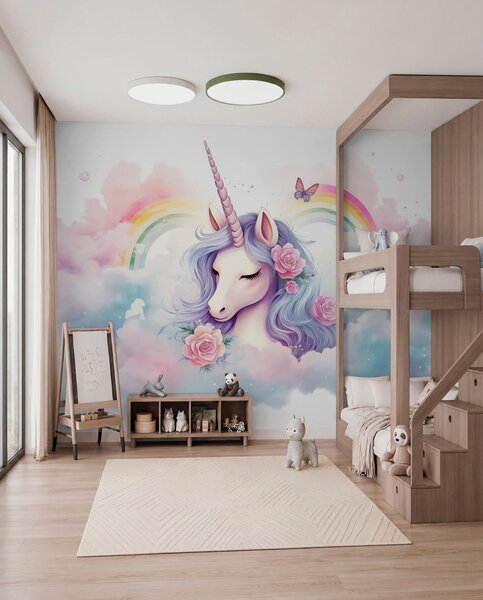 Fototapety Pastelowy jednorożec w chmurach z tęczą i różami, Fototapety Dziecięce, Fototapety Jednorożec, w03990 : Uwalls.pl