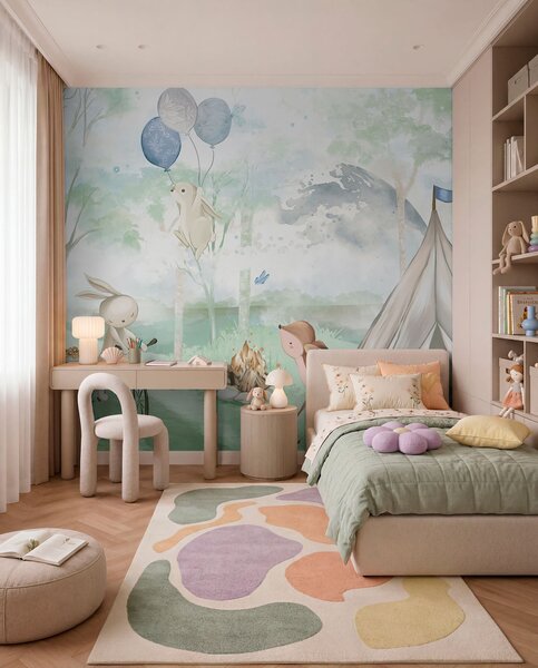 Fototapety Obóz leśny dla dzieci: króliczki, jelonki, namioty i ognisko, Fototapety Las, Fototapety Drzewa, w04671v1 : Uwalls.pl