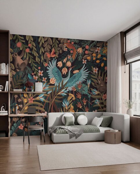 Fototapety Fantastyczna scena z ptakami i zwierzętami wśród roślin, Tapety Wyjątkowe, w05024 : Uwalls.pl
