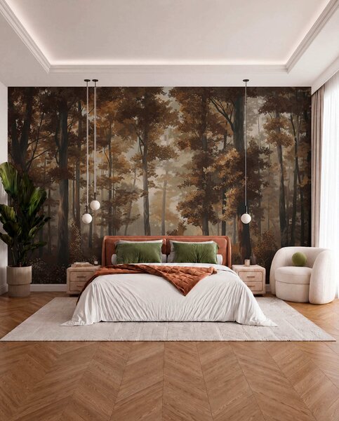 Fototapety Jesienna scena leśna z ciepłym światłem i gęstymi drzewami, Fototapety Natura, w05089v1 : Uwalls.pl