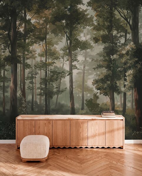 Fototapety Ilustracja lasu z mgłą, wysokimi drzewami i ścieżką, Fototapety Natura, w05089 : Uwalls.pl