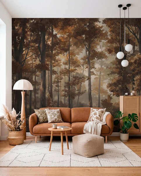 Fototapety Jesienna scena leśna z ciepłym światłem i gęstymi drzewami, Fototapety Natura, w05089v1 : Uwalls.pl