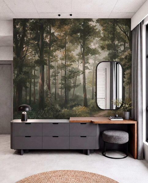 Fototapety Ilustracja lasu z mgłą, wysokimi drzewami i ścieżką, Fototapety Natura, w05089 : Uwalls.pl