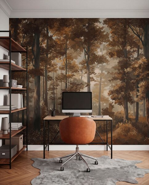 Fototapety Jesienna scena leśna z ciepłym światłem i gęstymi drzewami, Fototapety Natura, w05089v1 : Uwalls.pl
