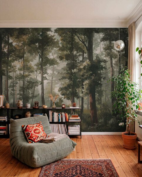 Fototapety Ilustracja lasu z mgłą, wysokimi drzewami i ścieżką, Fototapety Natura, w05089 : Uwalls.pl